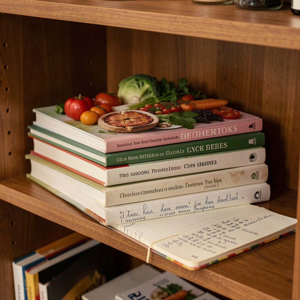 Person journaling a food diary at a wooden desk with a mug of tea, natural daylight from a side window in a calm home office