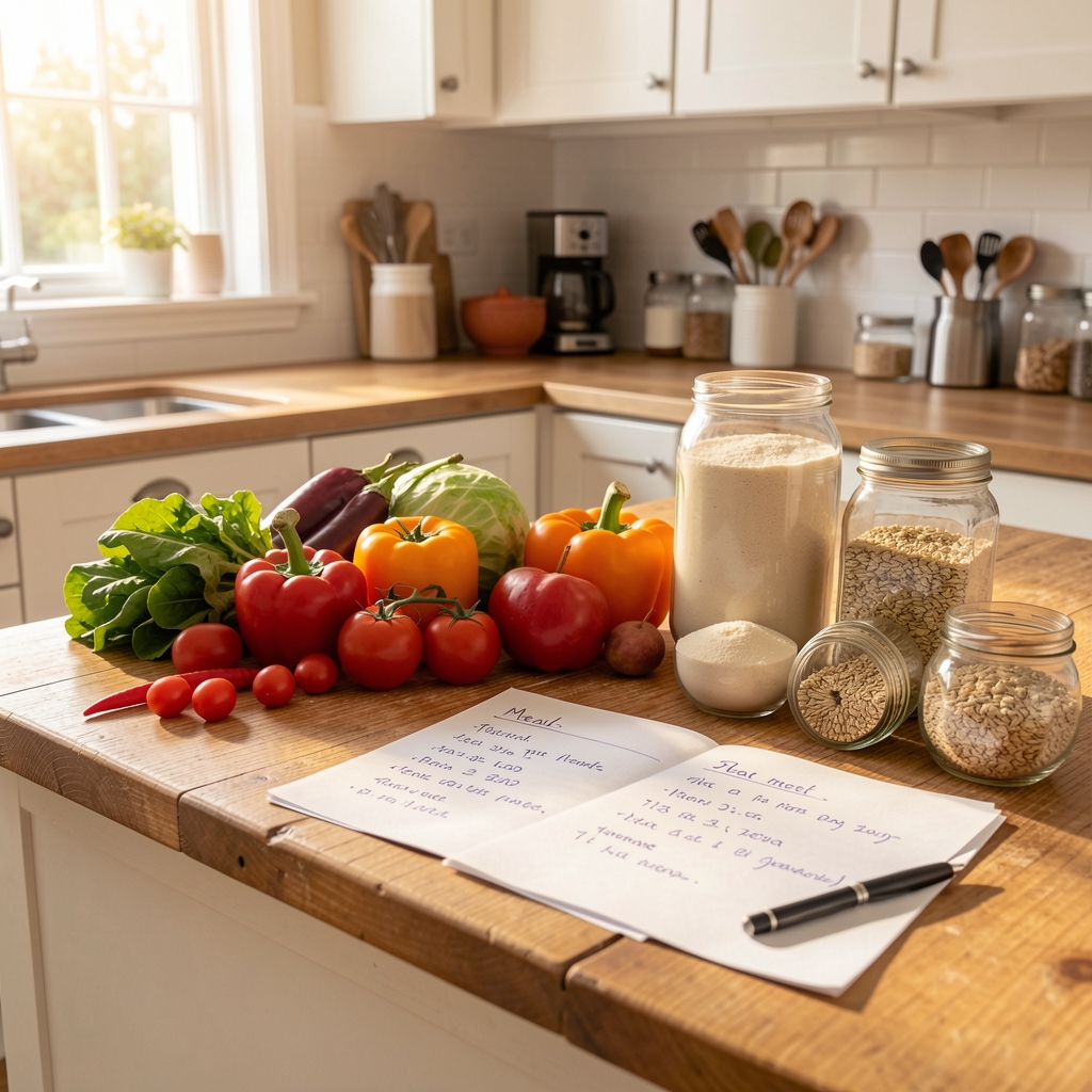 Bright kitchen workspace with seasonal vegetables, whole grains, and handwritten meal planning notes on a wooden countertop in warm morning light