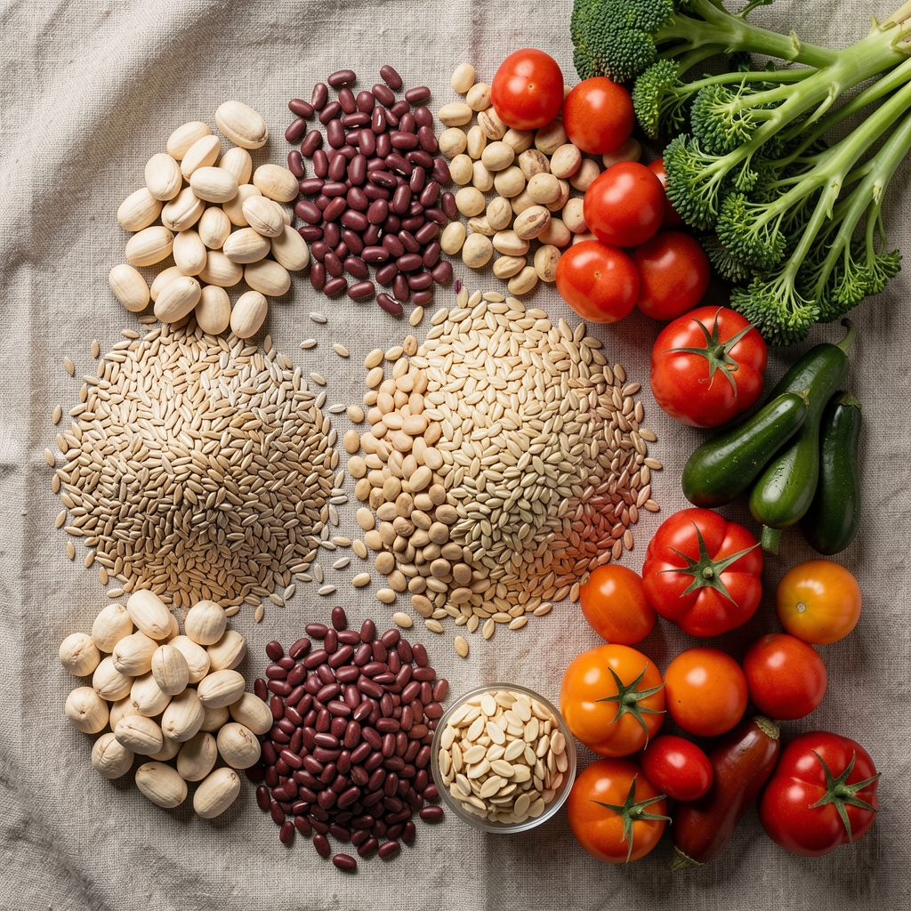 Overhead view of a variety of whole grains, legumes, and colourful vegetables arranged on a linen surface in a kitchen