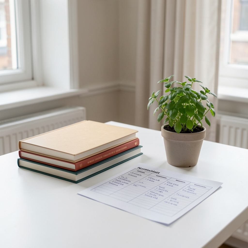 Stacked notebooks and a printed nutritional habit log beside a small potted herb plant on a minimal white desk in a well-lit London flat