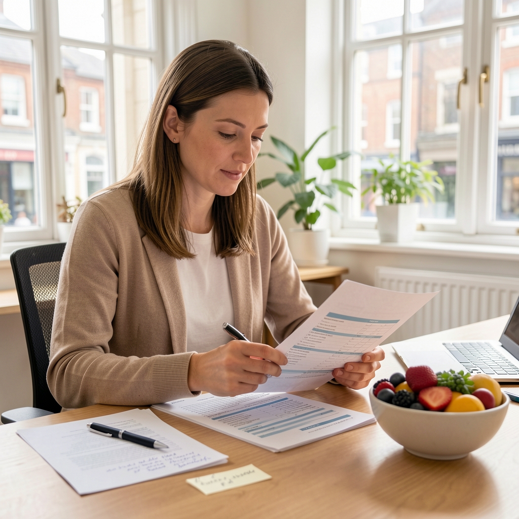 Nutritionist sitting at a desk in a light-filled London office reviewing a printed meal plan with handwritten notes beside a bowl of seasonal fruit