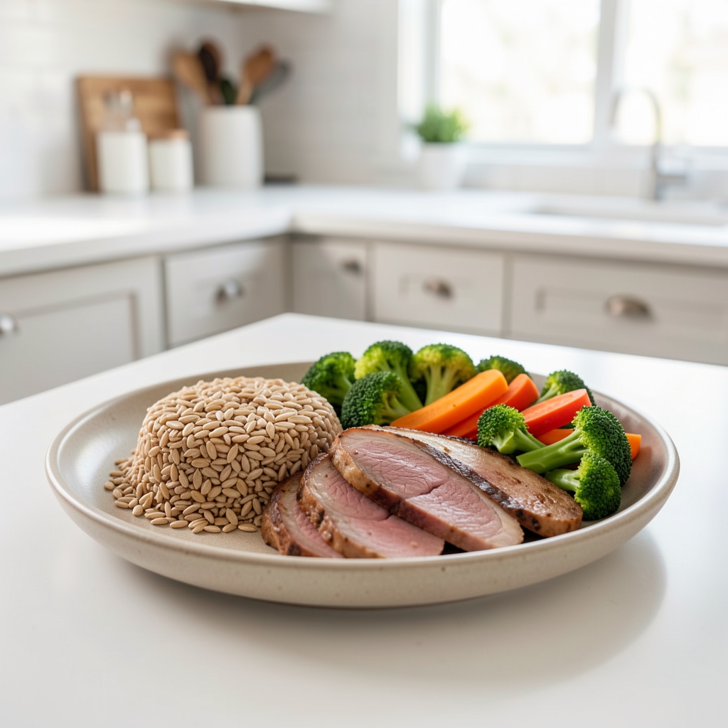 Balanced plate showing a quarter portion of whole grains, a quarter of lean protein, and half of varied vegetables on a neutral ceramic dish in a bright kitchen